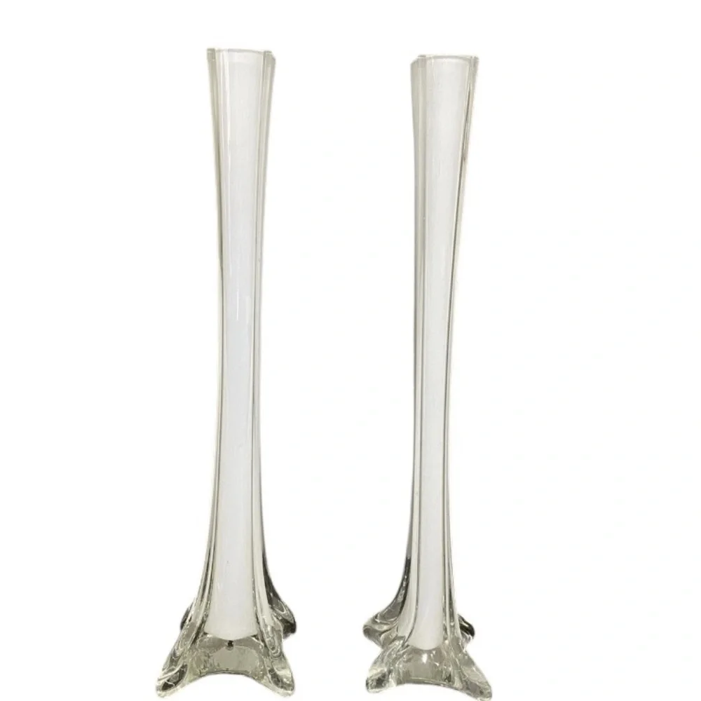 2 White Blown Glass Eiffel Tower 12” Tall Centerpiece Wedding Decor Vases